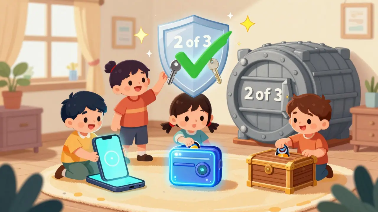 Des enfants placent leurs clés crypto sur trois appareils différents pour sécuriser un coffre, dans un style doux et éducatif.