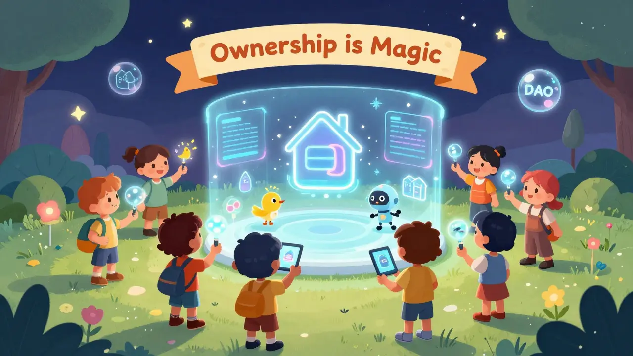 Des enfants regardent des NFT animés dans une galerie holographique sous un ciel étoilé.