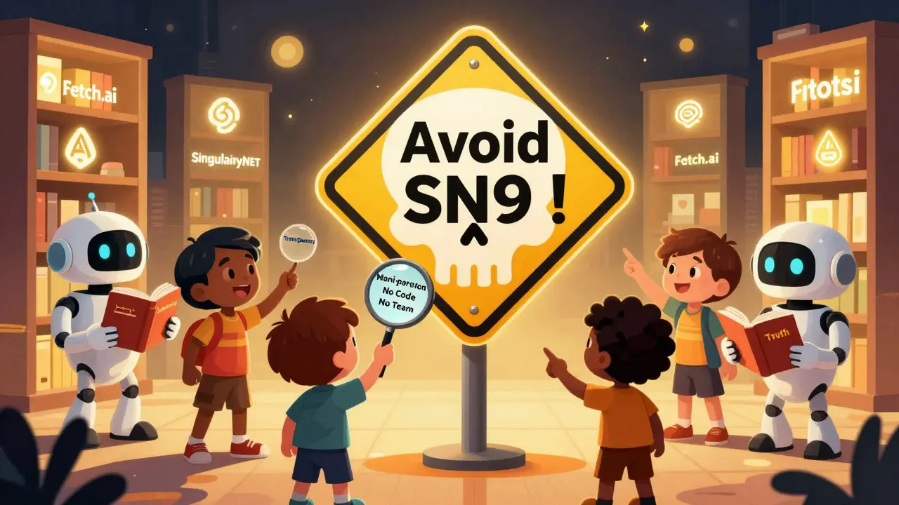 Des enfants regardent un signe d&#039;avertissement avec des mots cachés : &#039;Manipulation&#039;, &#039;Pas de code&#039;, &#039;Pas d&#039;équipe&#039;.