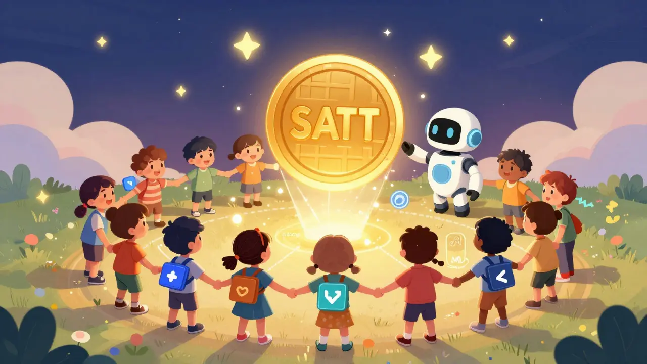 Des enfants tiennent des portefeuilles numériques, formant une chaîne de lumière vers un coffre-fort SATT.