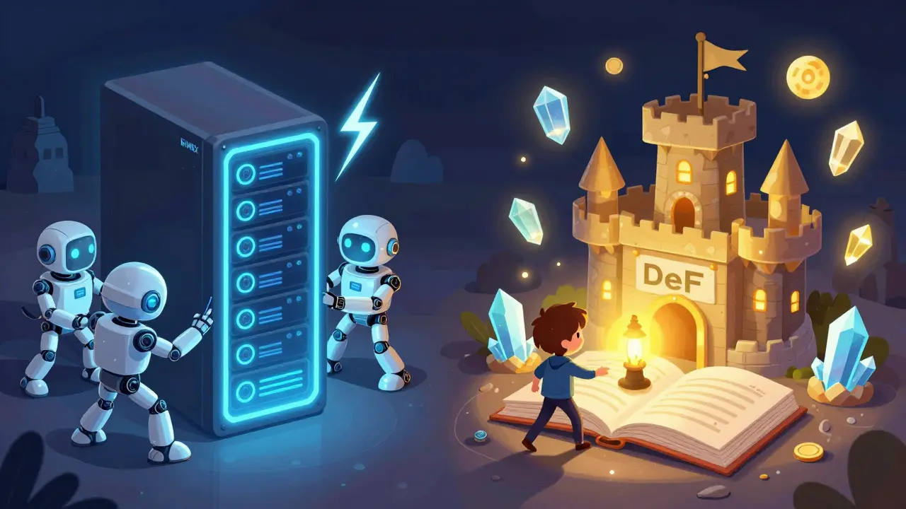 Deux mondes de trading : un serveur rapide et un château blockchain lent, illustrés comme des paysages d'album pour enfants.
