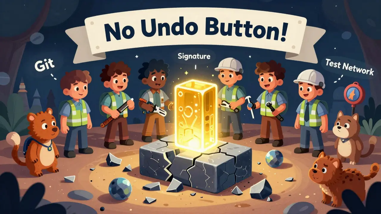 Un bloc Genesis cassé à terre, tandis qu&#039;une équipe assemble un nouveau bloc avec des outils de vérification sous un panneau &#039;Pas de bouton Annuler&#039;.