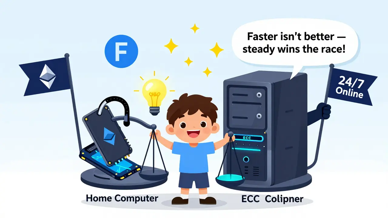 Un enfant compare un ordinateur fragile à un serveur fiable, avec des blockchains qui applaudissent — la fiabilité gagne.