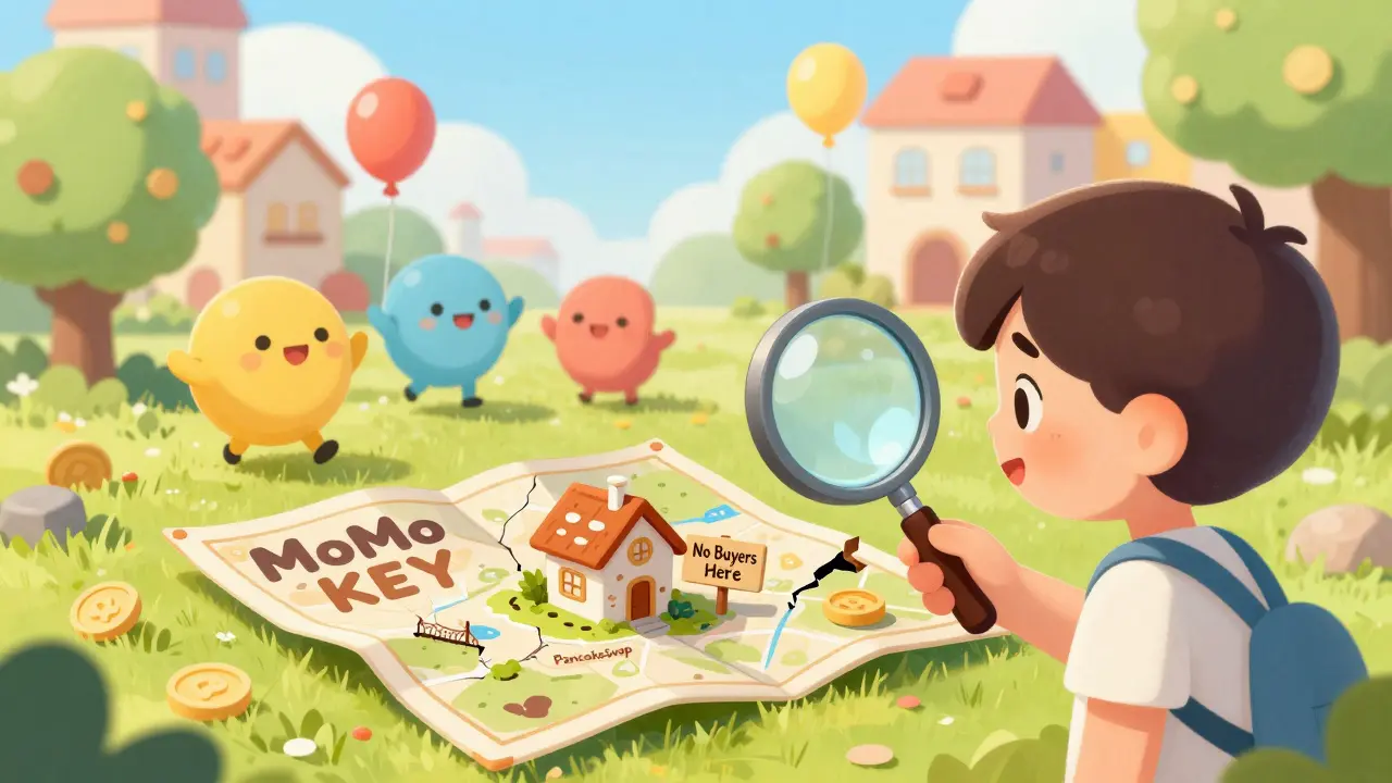 Un enfant examine une carte déchirée de MoMo KEY, tandis que d'autres projets crypto jouent dans une ville lumineuse.