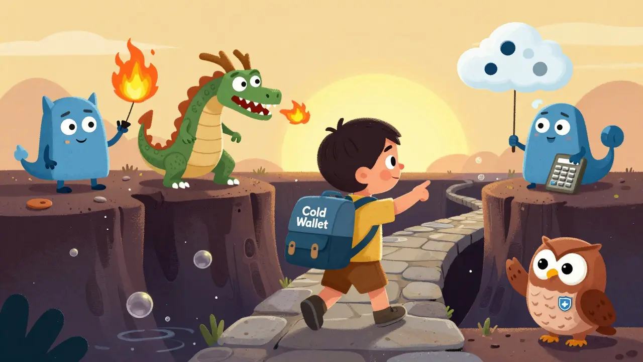Un enfant marche en sécurité sur un sentier avec un portefeuille froid, évitant des dangers cartoonisés.