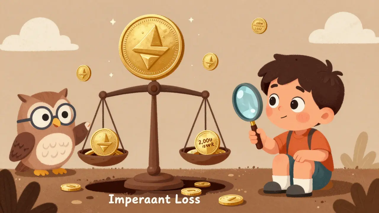 Un enfant observe une balance où l&#039;ETH a grossi, causant une perte impermanente, une chouette lui montre un livre.