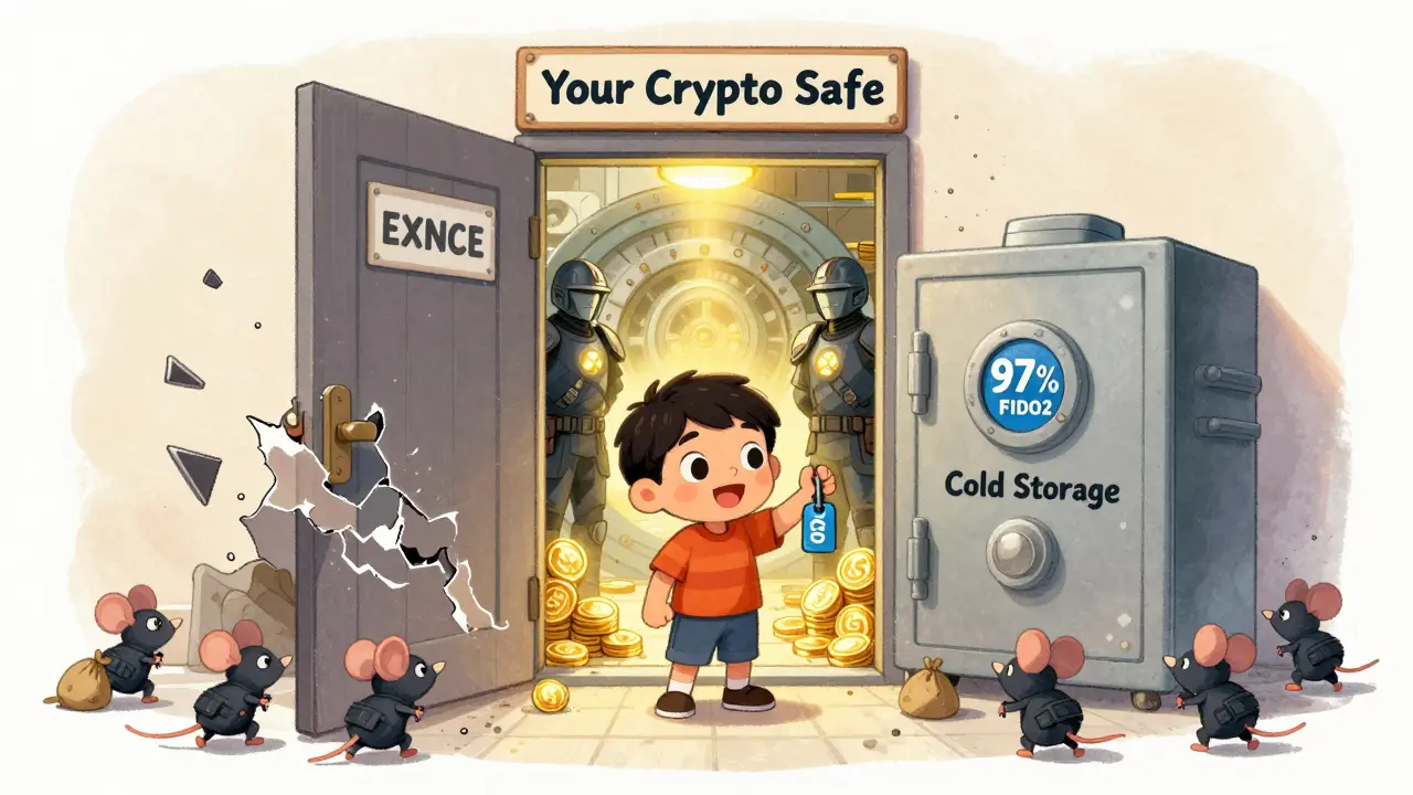 Un enfant ouvre une porte sécurisée avec une clé FIDO2, tandis qu&#039;une porte &#039;EXNCE&#039; s&#039;effondre en poussière.
