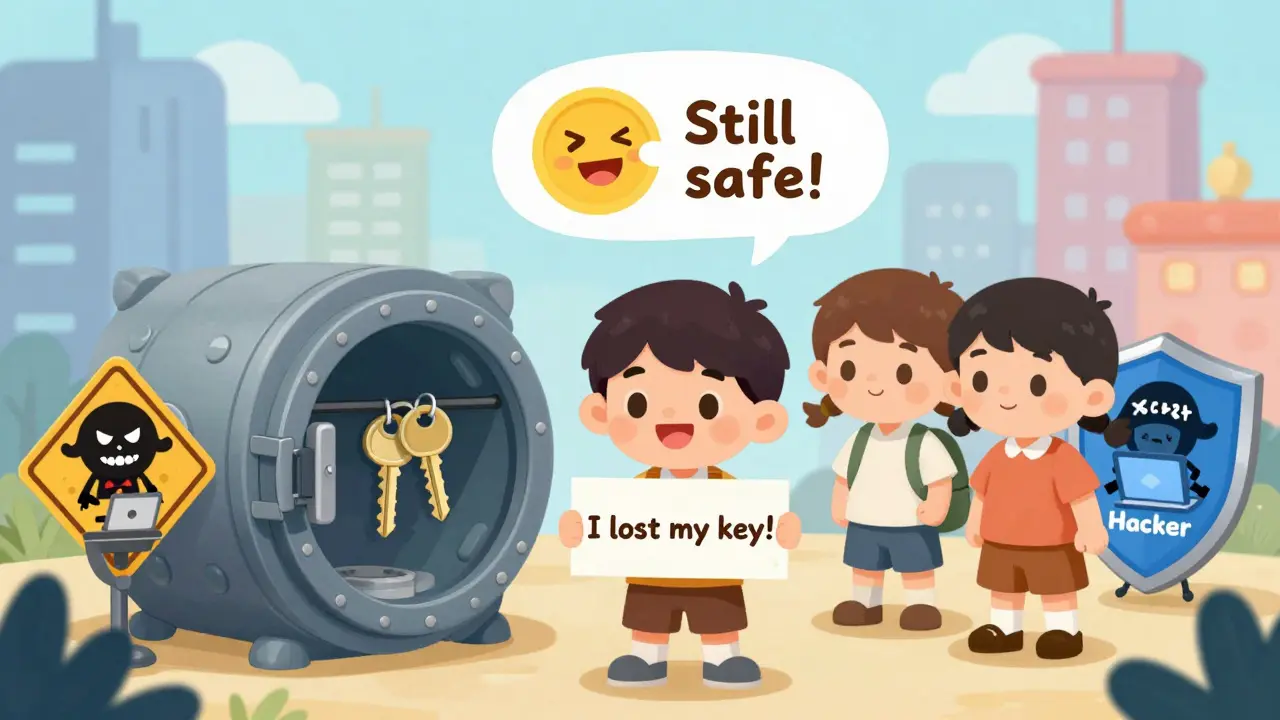 Un enfant perd une clé, mais deux autres ouvrent le coffre en toute sécurité, avec un pirate bloqué par un bouclier.