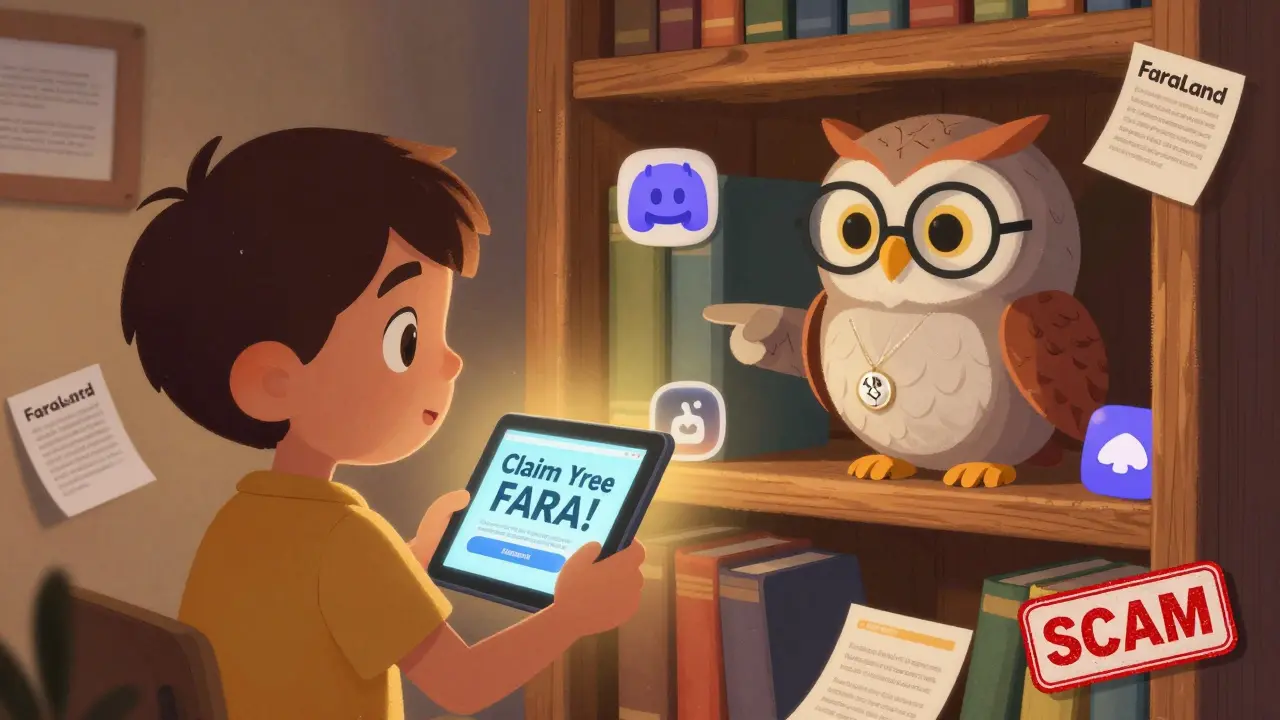 Un enfant regardant un faux airdrop sur une tablette, tandis qu&#039;une chouette lui montre le site officiel FaraLand, entouré de sites frauduleux.
