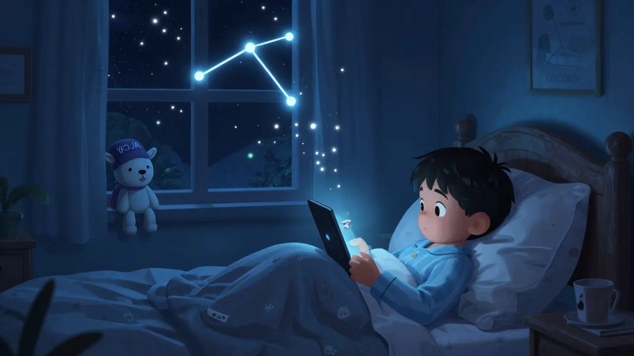 Un enfant regarde un meme Wojak sur une tablette sous une constellation de jetons flottants.