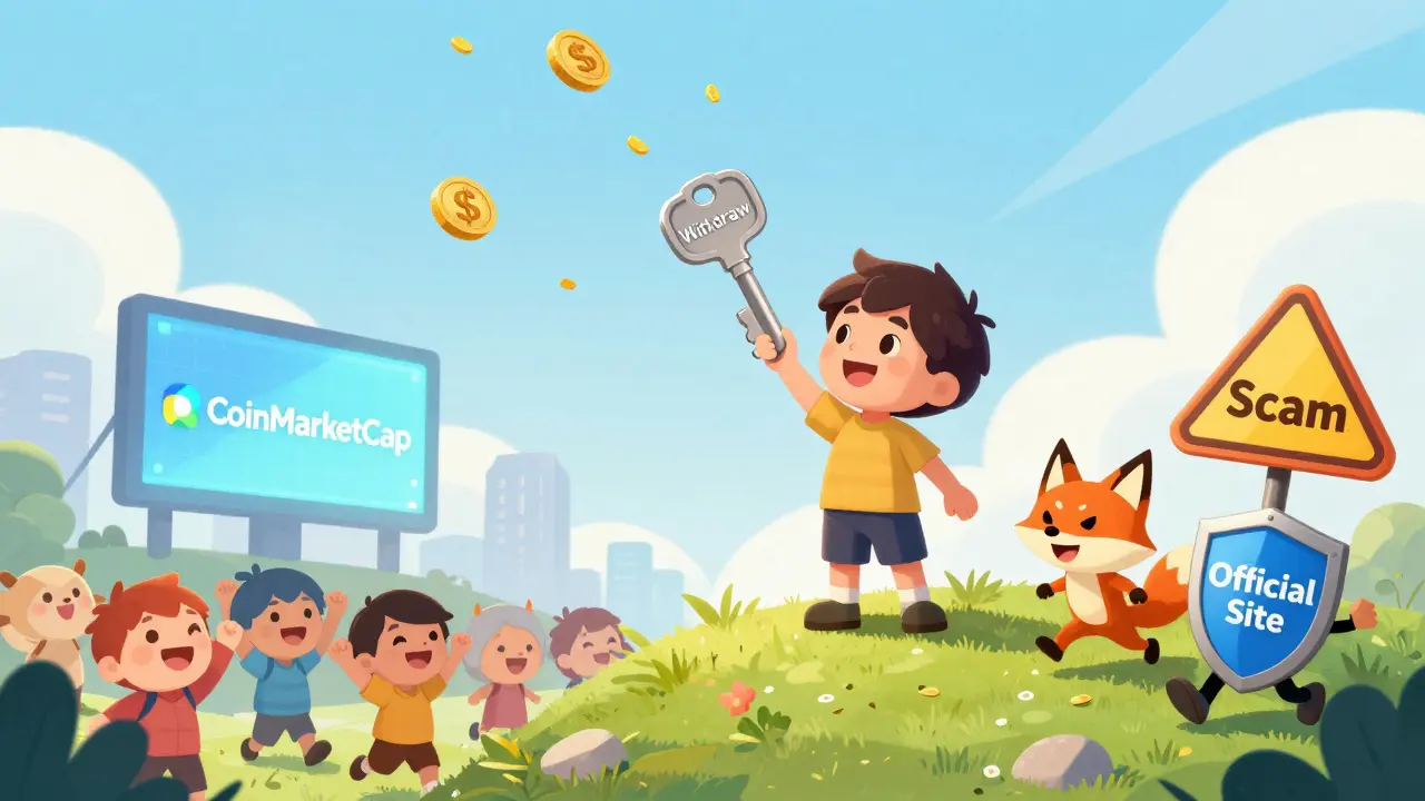 Un enfant tient une clé 'Retirer' tandis que des jetons SATT tombent du ciel, un escroc fuit en arrière-plan.