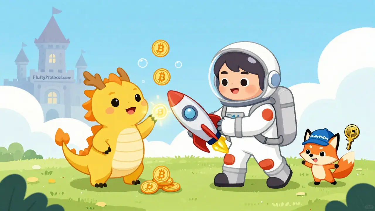 Un explorateur dépose des BNB dans un dragon intelligent, tandis qu'un renard malveillant s'échappe.