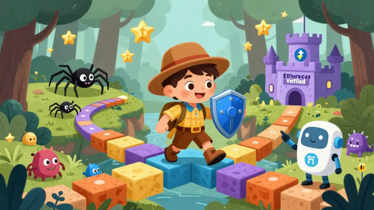 Un explorateur évite des araignées de phishing dans une forêt blockchain avec un portefeuille Ledger.