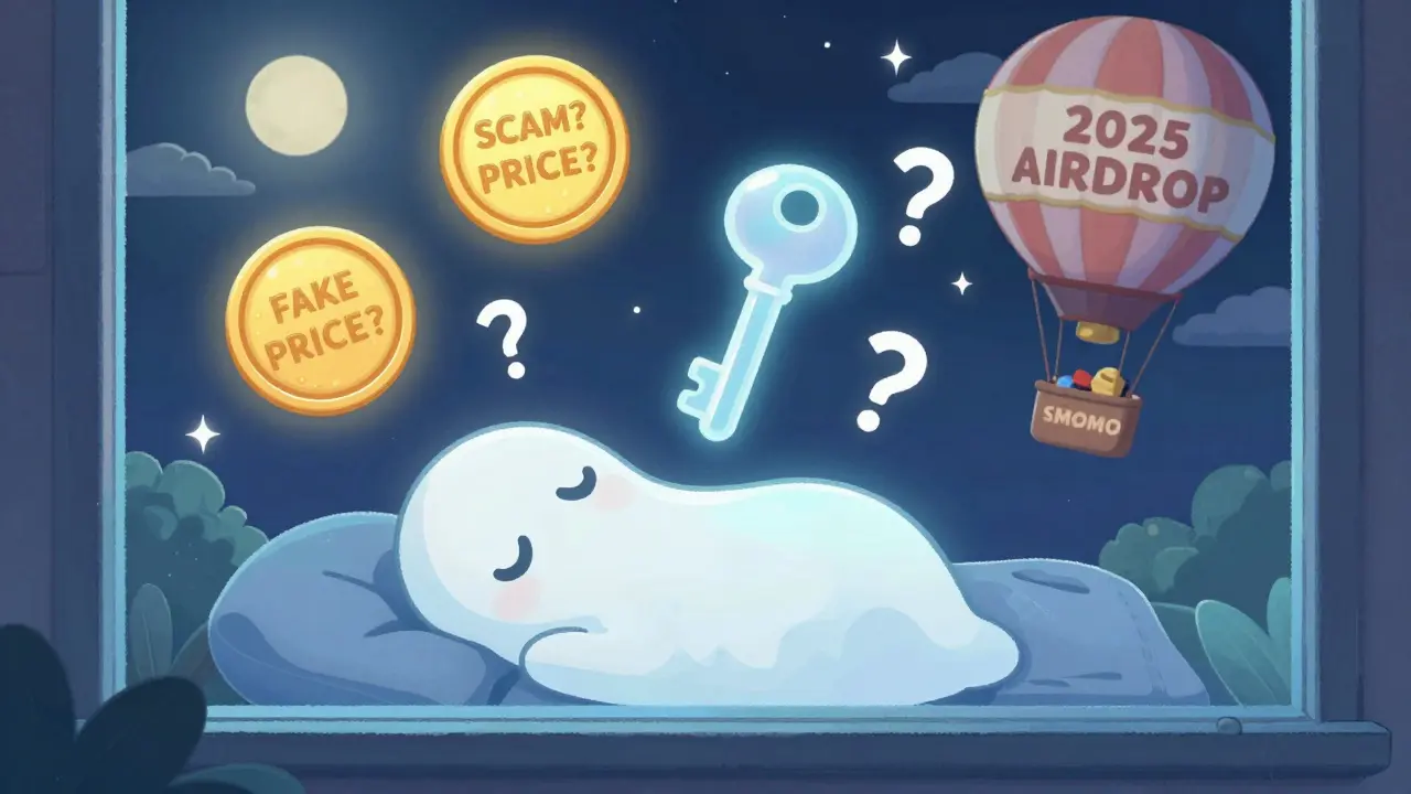 Un fantôme de jeton KEY flotte au-dessus d'un portefeuille endormi, tandis que des jetons réels s'envolent dans un ballon.