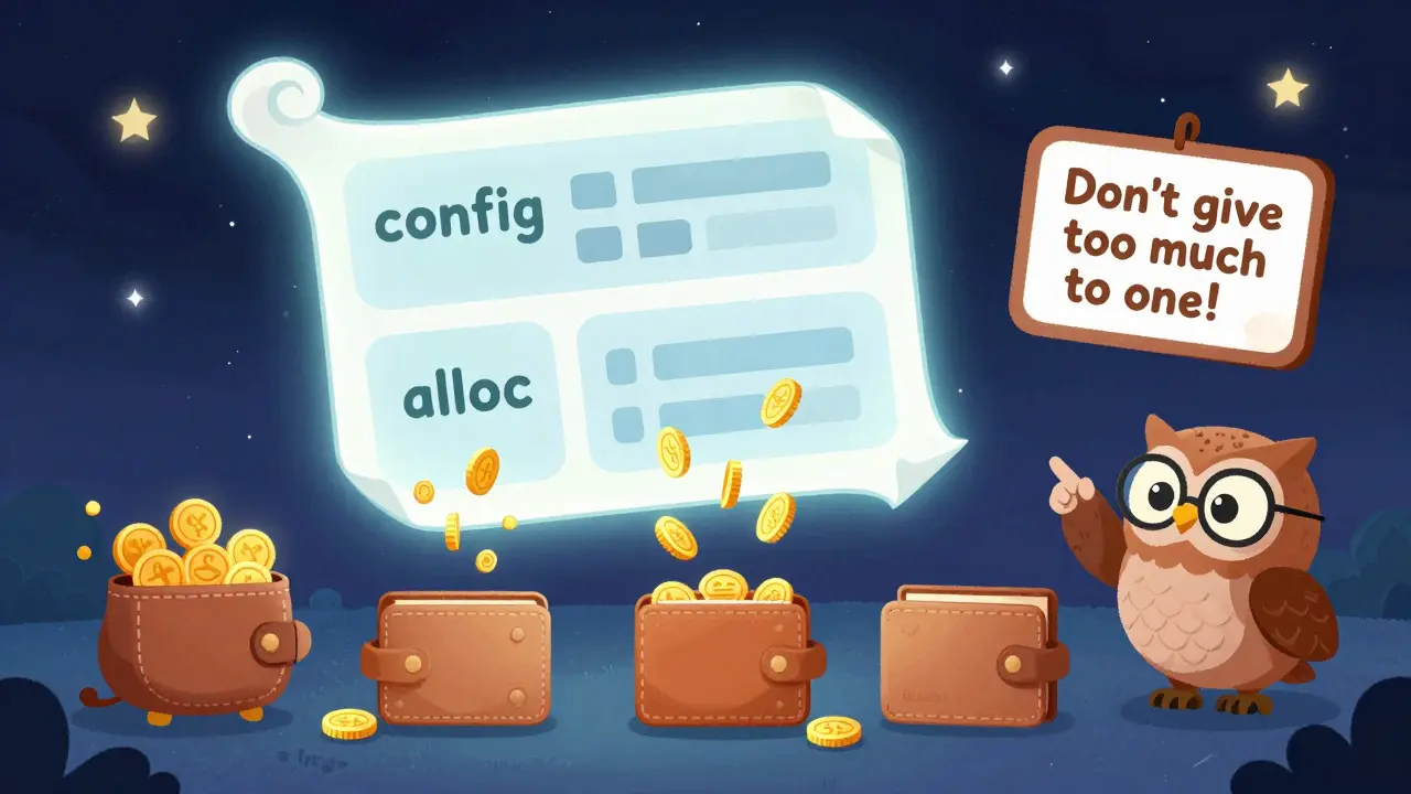 Un fichier JSON magique répartissant des jetons sur des portefeuilles animaux, avec une chouette avertissant contre les allocations inégales.