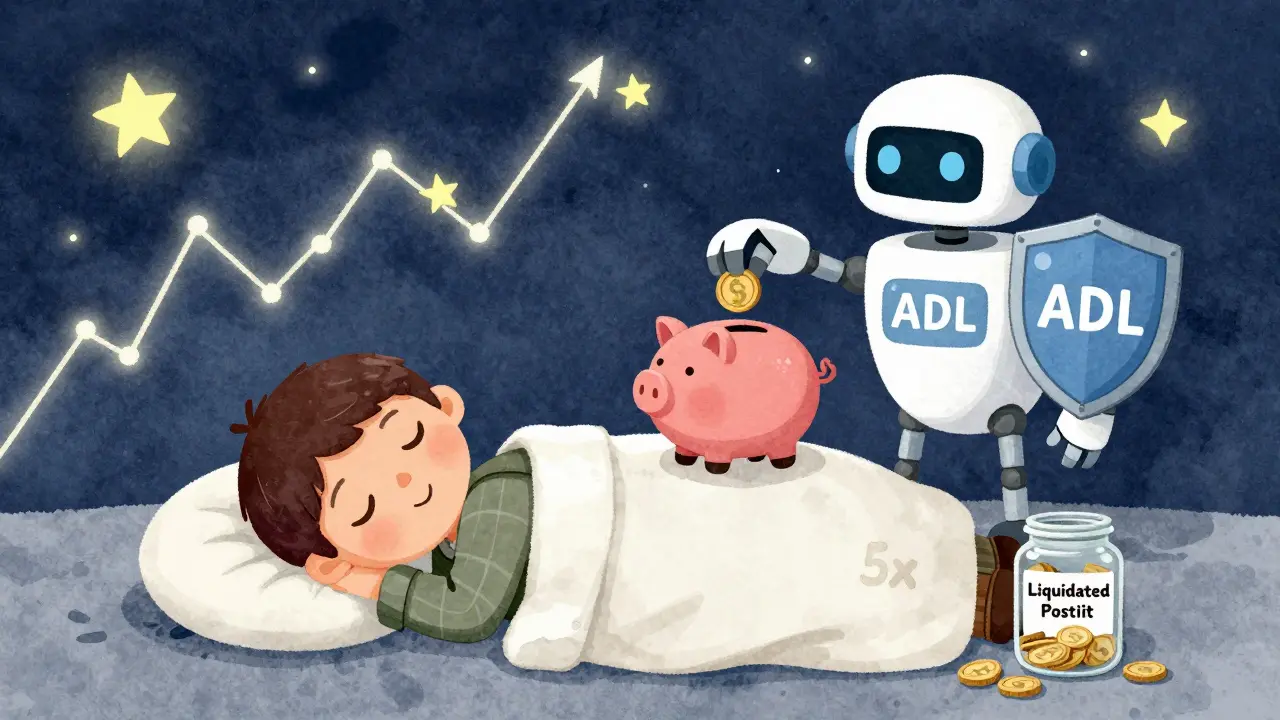 Un gardien robotique prend des pièces à un trader gagnant pour sauver une position liquidée, sous un ciel étoilé en forme de graphiques.