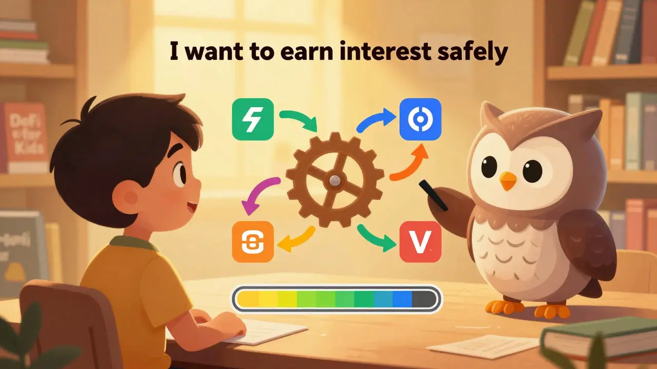 Un hibou intelligent traduit une demande en liquidités automatisées pour un enfant dans une bibliothèque magique.