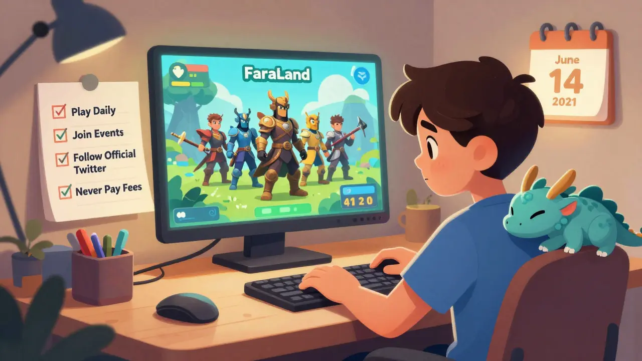 Un joueur connecte son portefeuille à FaraLand, entouré d&#039;une checklist pour rester en sécurité, avec un dragon companion à ses côtés.