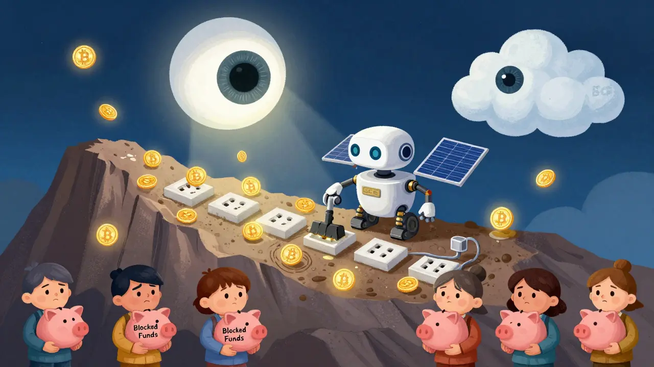 Un petit robot mineur creuse des bitcoins dans une montagne de prises électriques, surveillé par un œil géant.