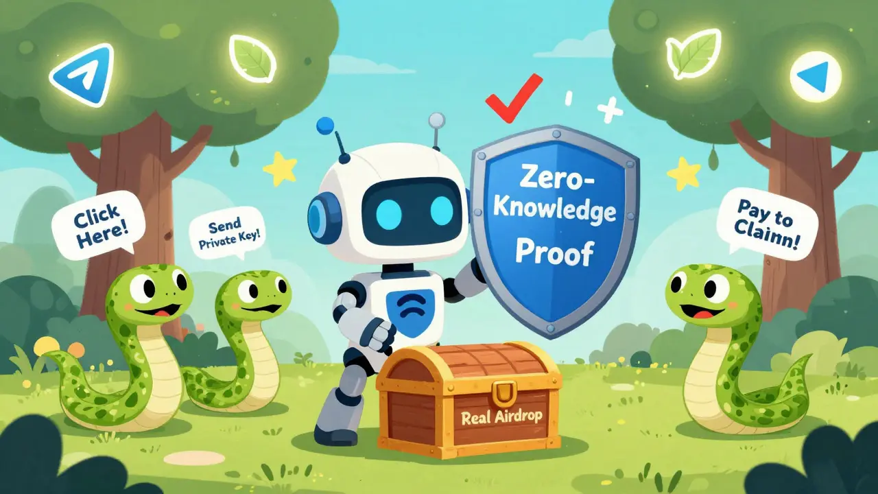 Un petit robot protège un trésor d&#039;airdrop contre des serpents qui tentent de voler des clés privées.