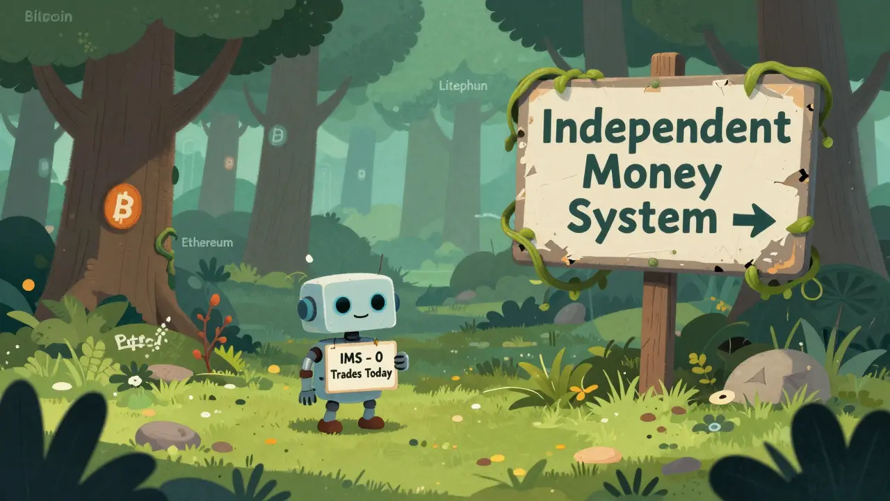 Un petit robot seul dans une forêt numérique oubliée, devant un panneau effondré.