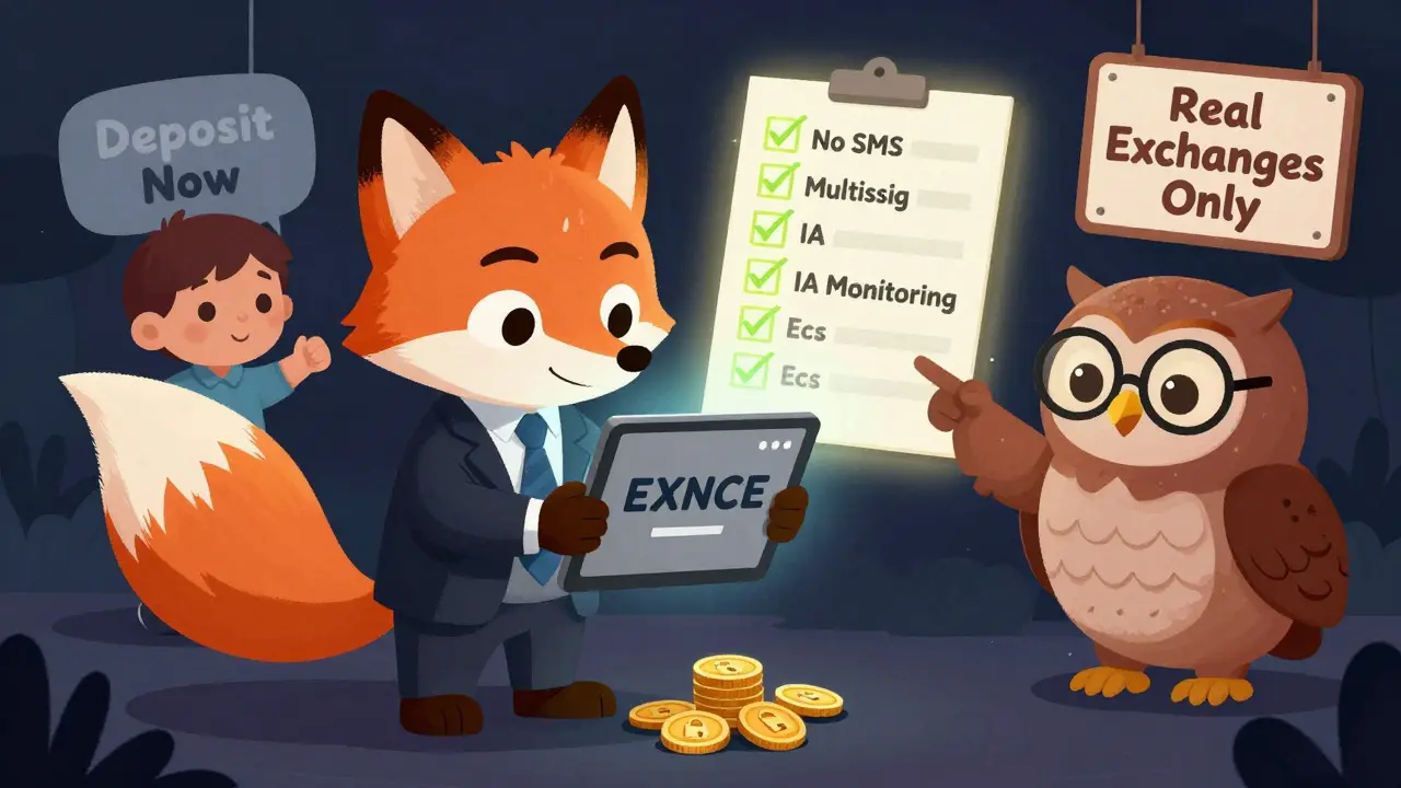 Un renard escroc montre un faux site web à un enfant, tandis qu&#039;une chouette montre une liste de sécurité.