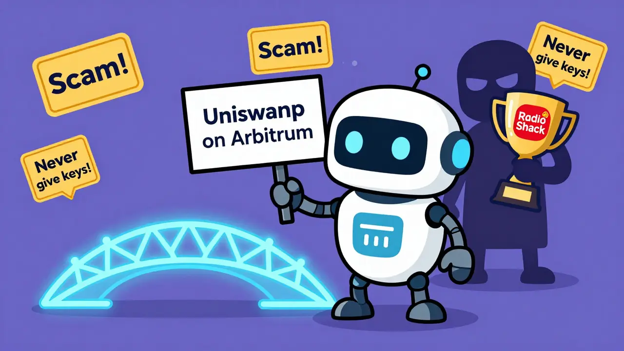 Un robot amical montre une bourse légitime, tandis qu&#039;un voleur cache un logo volé.