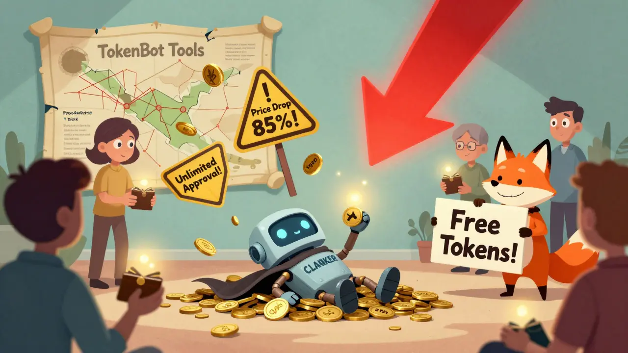 Un robot CLANKER tombe parmi des pièces qui deviennent des avertissements, entouré d&#039;utilisateurs trompés.