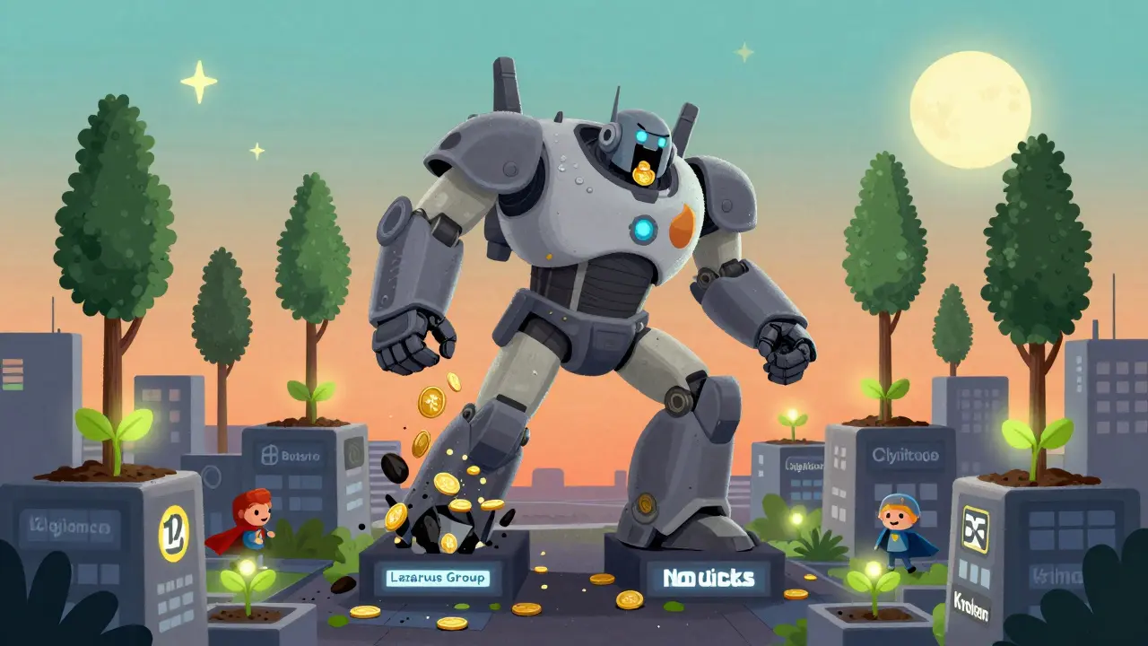 Un robot géant détruit des échanges crypto, mais de petits héros plantent des arbres de sécurité derrière lui.