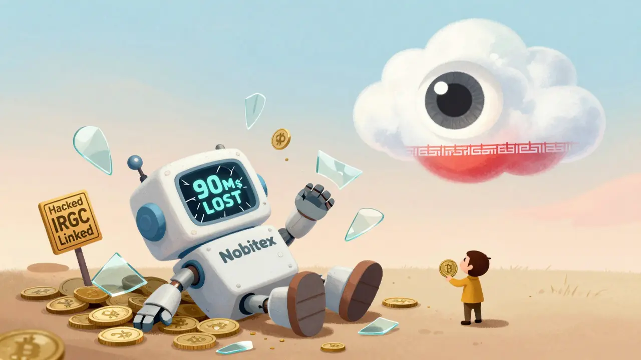 Un robot Nobitex cassé gît parmi des pièces dispersées, sous un œil géant qui observe.