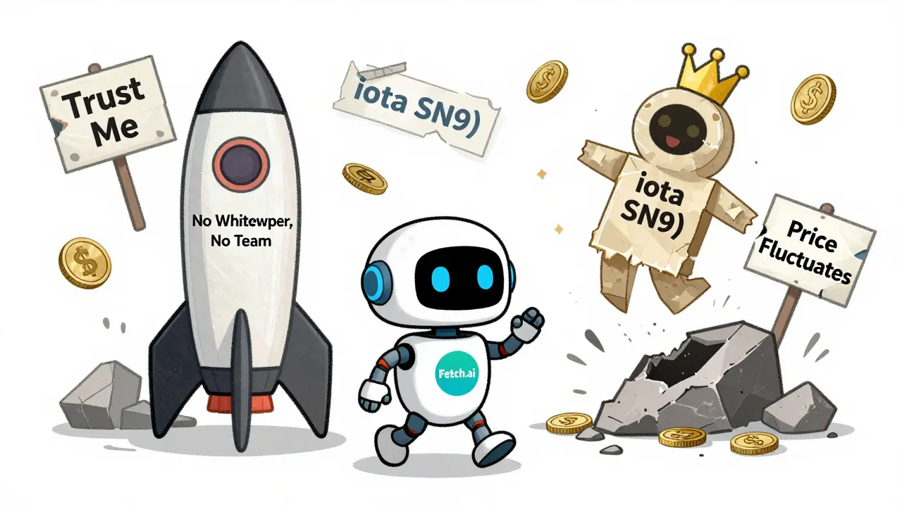 Un robot sérieux marche près d&#039;une fusée IOTA, tandis qu&#039;un jeton SN9 en papier tombe d&#039;une fusée en ruines.