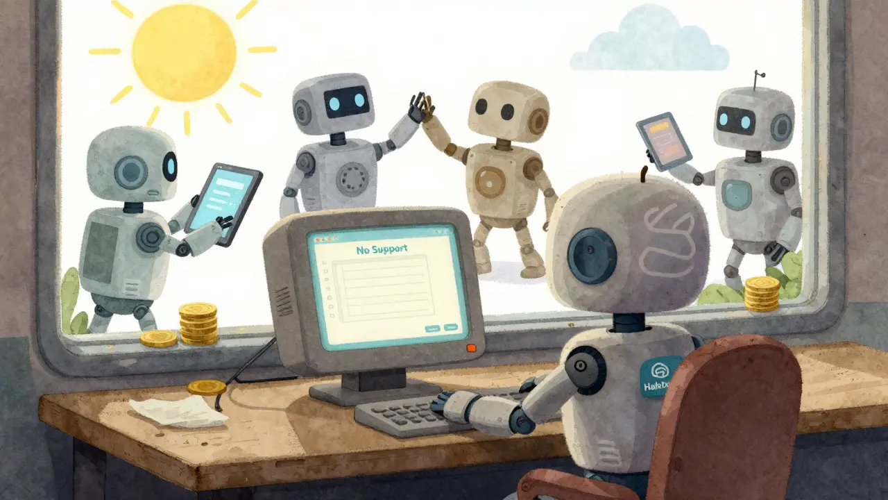 Un robot seul devant un écran vide avec 'No Support', tandis que d'autres robots utilisent des tablettes modernes.