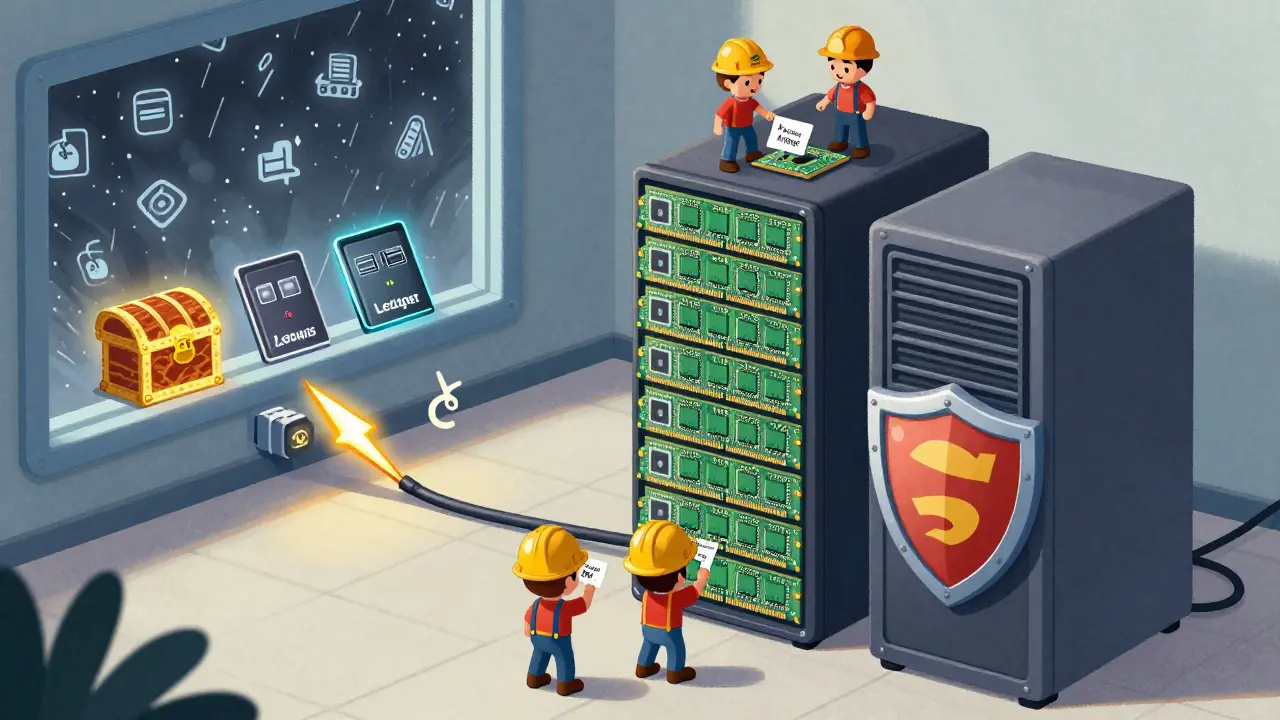 Un serveur géant Solana fait de barrettes RAM, alimenté par un câble éclair et deux SSD brillants, protégé par un UPS en forme de bouclier.