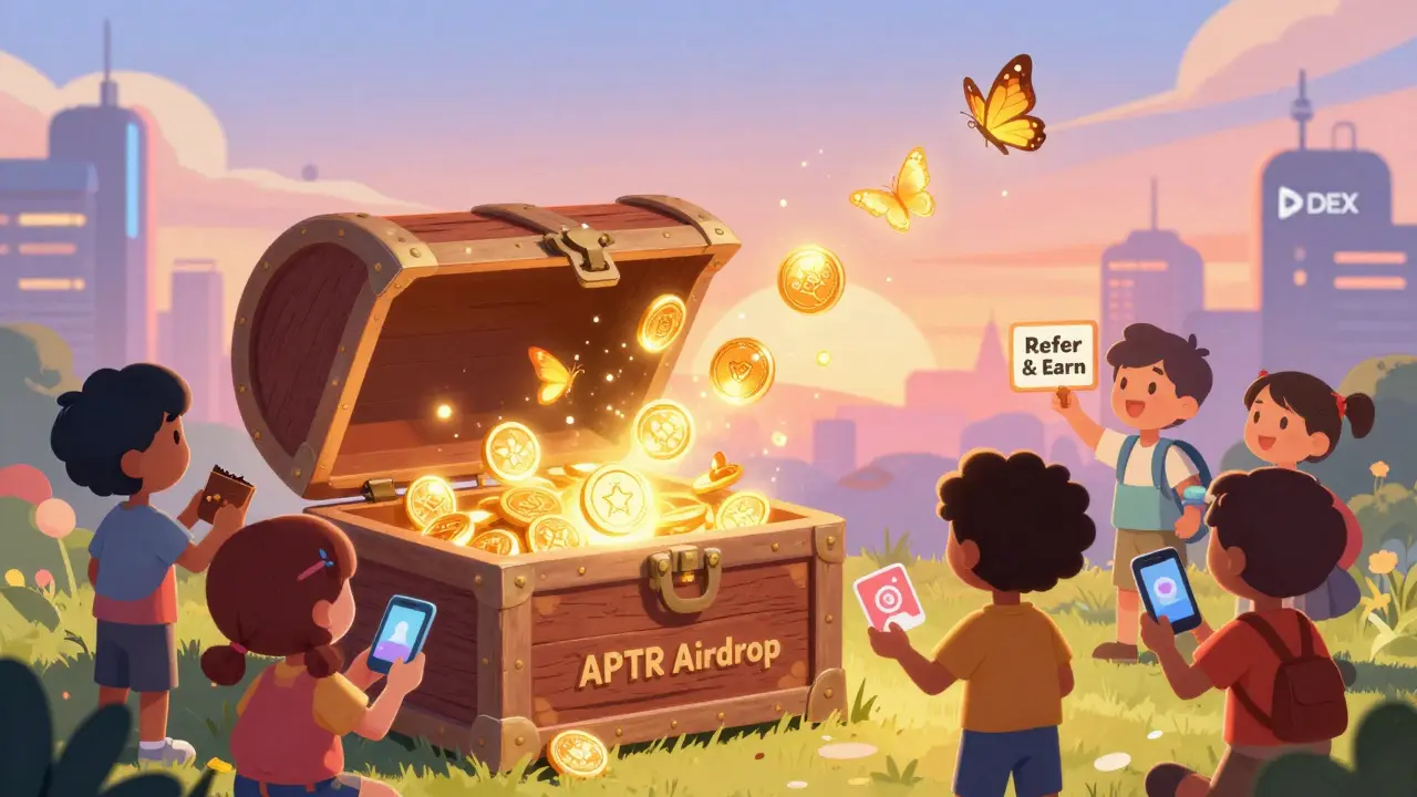 Une coffre aux trésors libère des jetons APTR qui deviennent des papillons volant vers des enfants avec des portefeuilles.