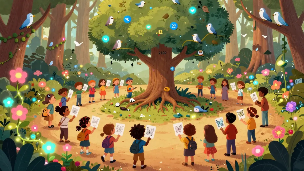 Une communauté dans une forêt magique échange des memes sur des papillons de papier.