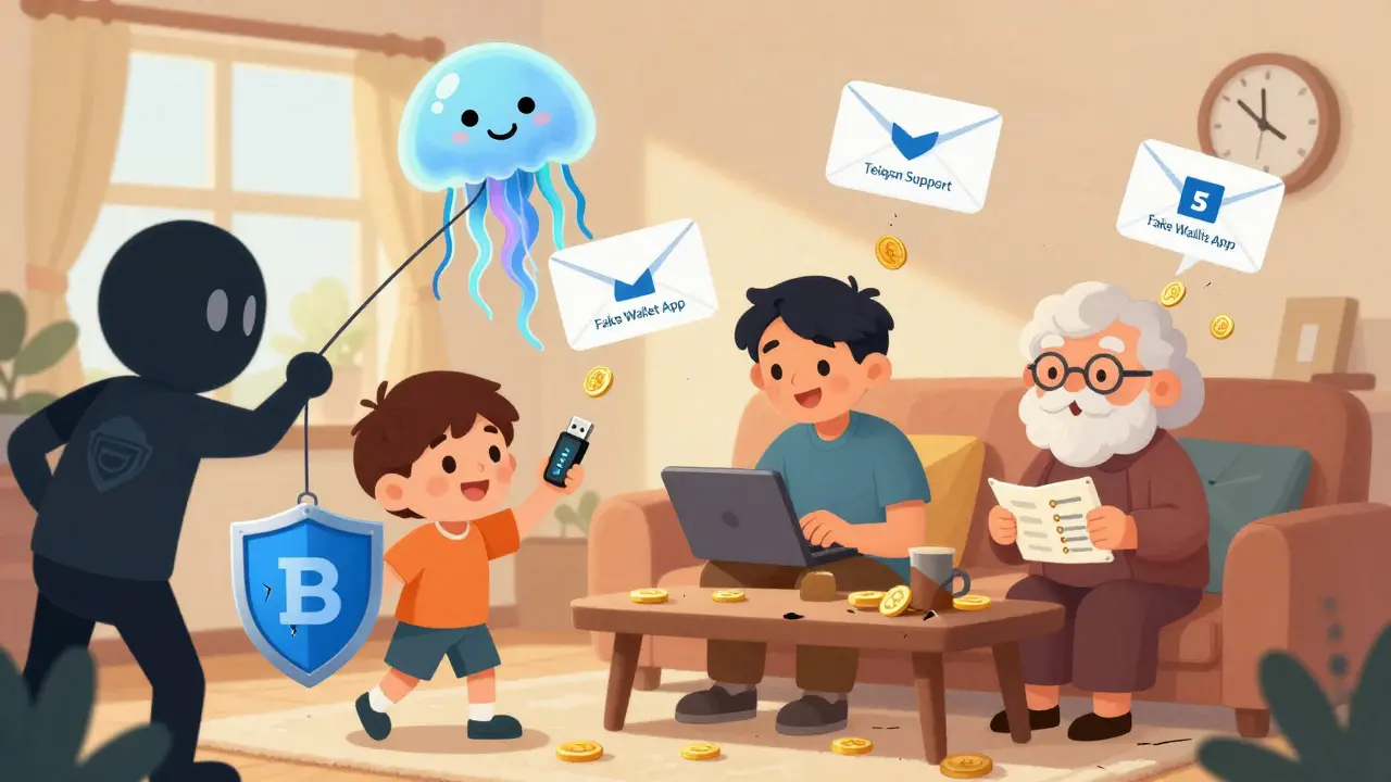 Une famille utilise des appareils numériques tandis que des e-mails piégés en forme de méduses volent autour d&#039;eux.