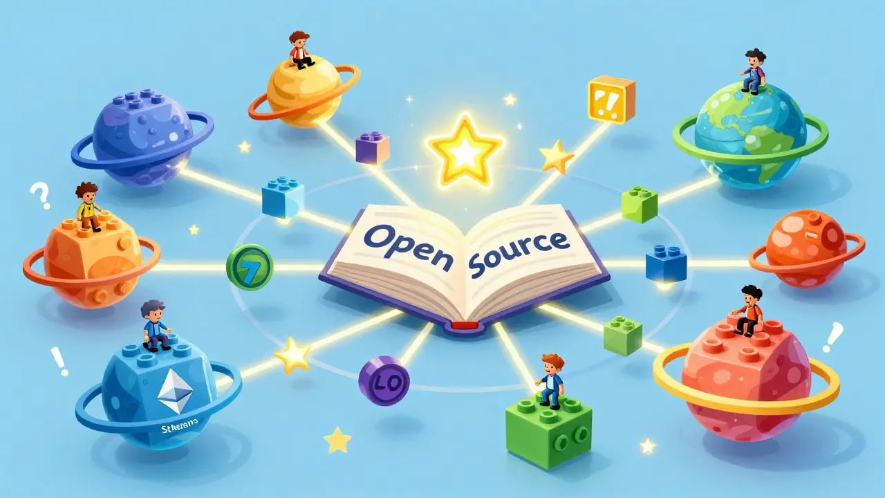 Des blocs LEGO interconnectés traversent plusieurs planètes blockchain, formant un réseau lumineux.