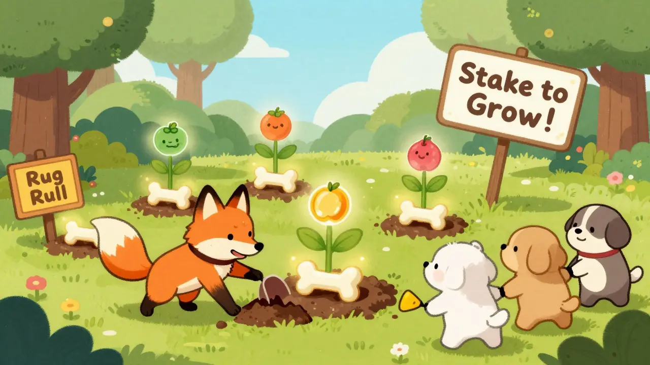 Des chiens NFT plantent des os magiques qui poussent en fruits de jetons, dans un jardin enchanté.