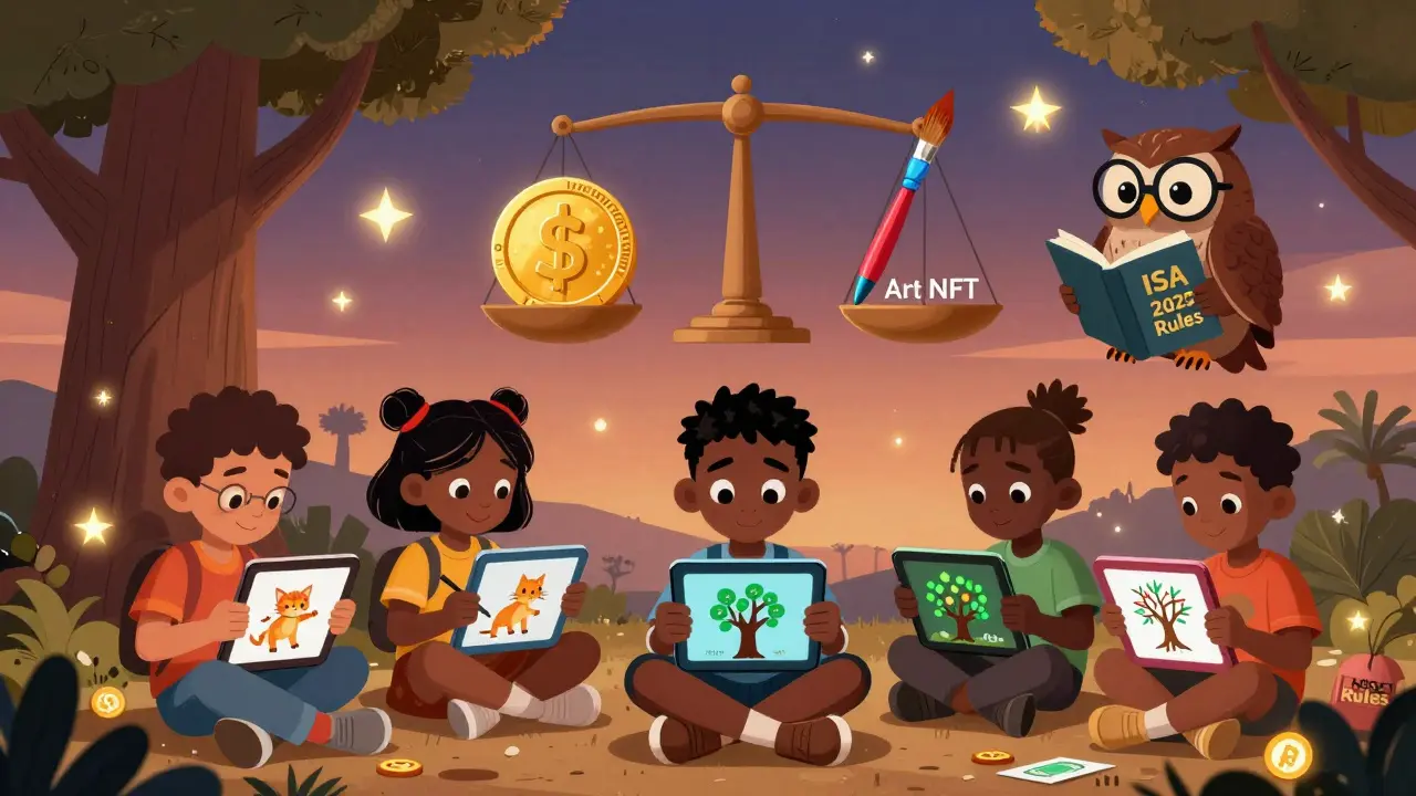Des enfants dessinent des NFT sous un arbre, une balance flottante sépare l'art des investissements numériques.