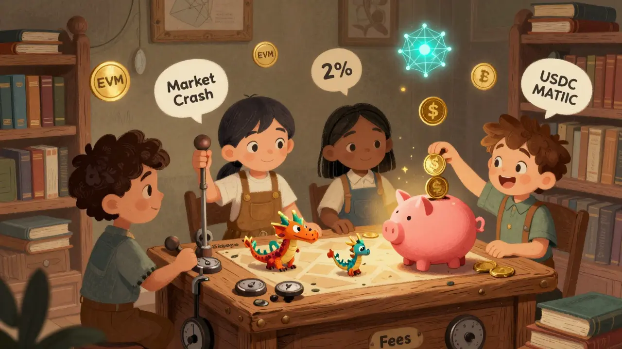 Des enfants jouent avec un bureau de trading magique, réduisant un dragon de slippage de 2% à 0,87%.