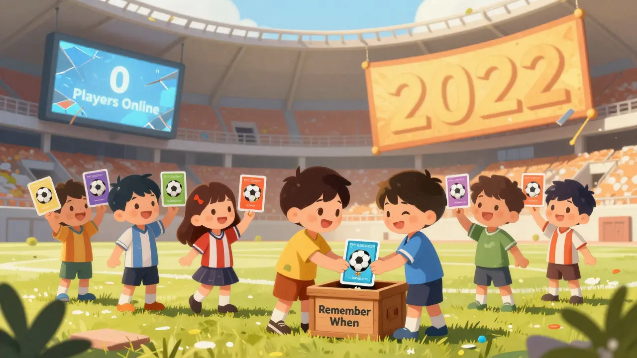 Des enfants placent des cartes NFT dans une boîte à souvenirs dans un stade abandonné.