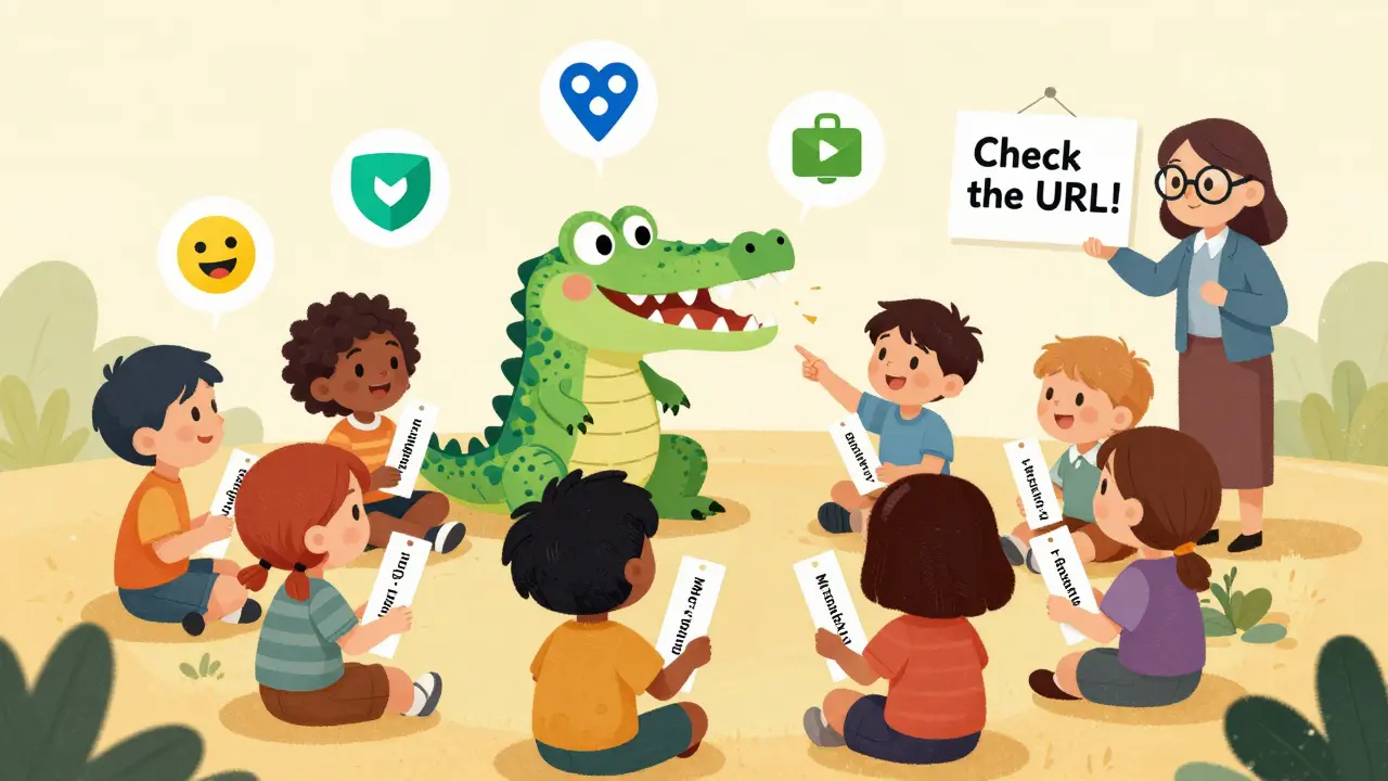 Des enfants vérifient leurs favoris crypto, évitant un lien piège qui ressemble à un crocodile.