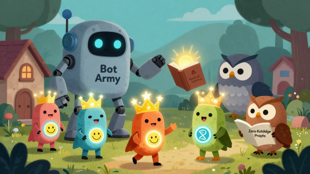 Des personnages avec des badges lumineux dans un village, un robot méchant en fausse identité démasqué par une chouette sagesse.