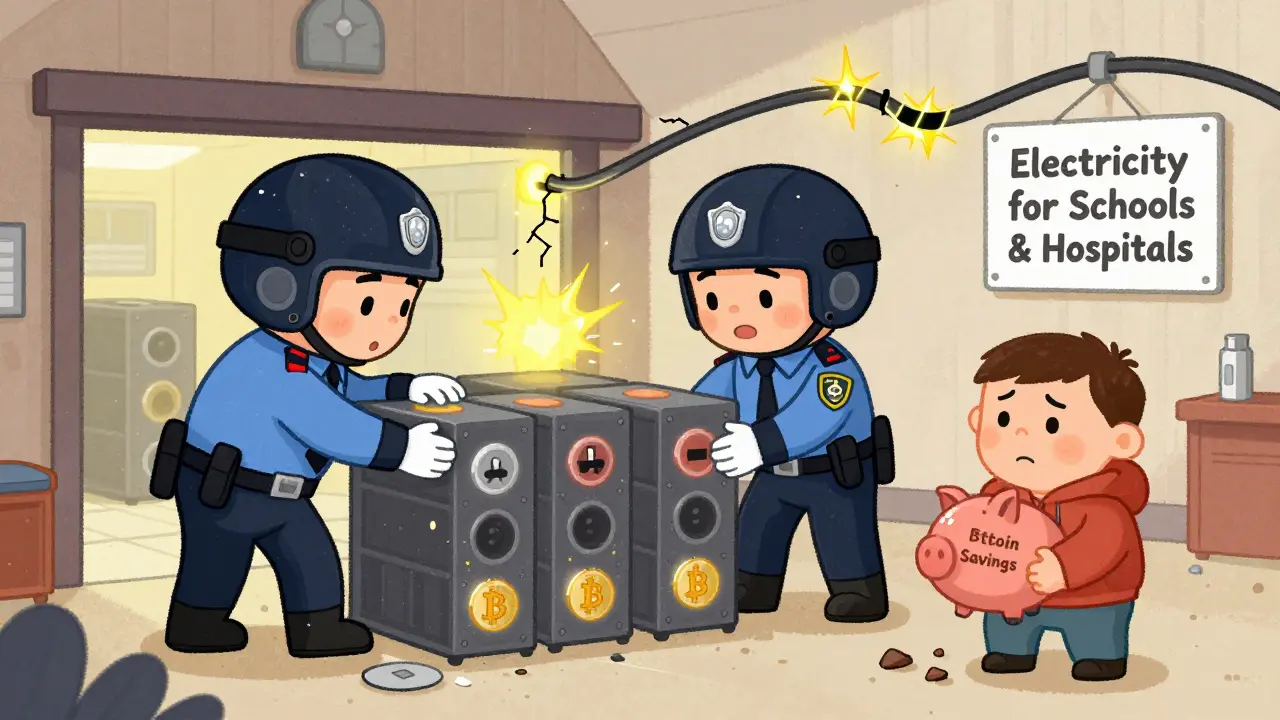 Des policiers retirent des machines de minage d'un garage, un mineur triste tient une tirelire cassée, des lignes électriques étincellent.