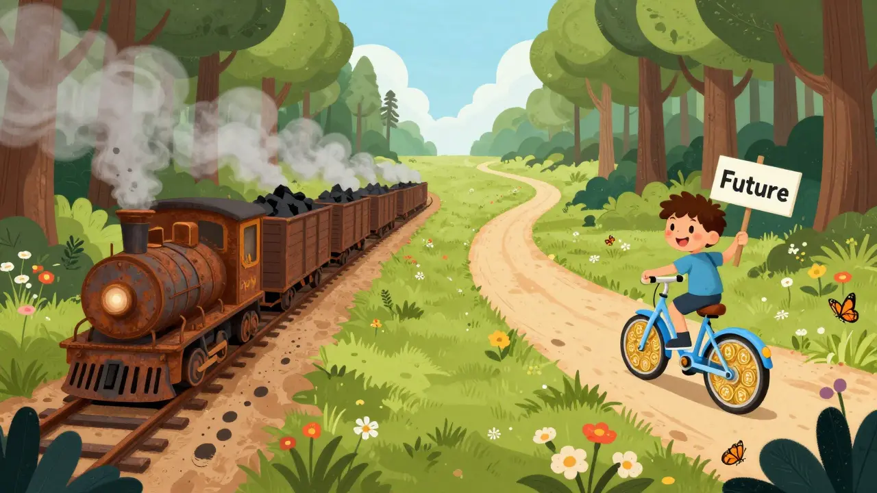 Deux chemins : un train polluant et un vélo solaire, symbolisant le choix entre PoW et PoS dans un monde futuriste.