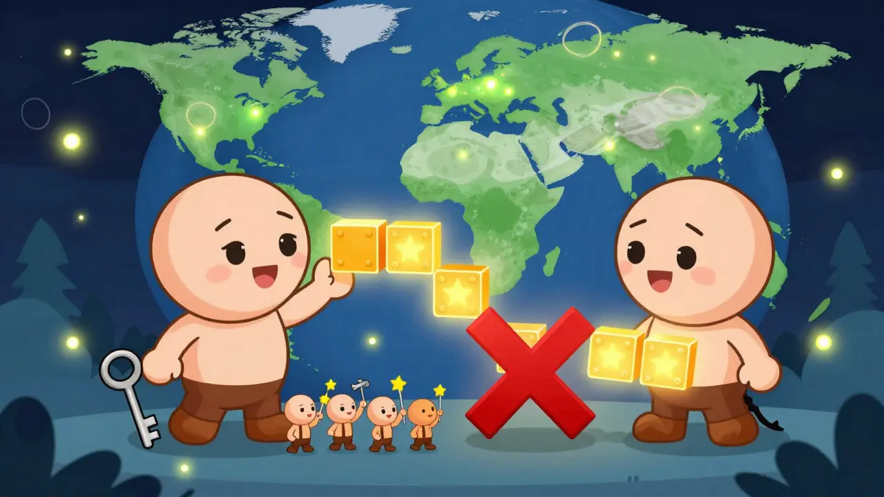 Deux personnages avec une chaîne de blocs lumineuse, un méchant qui essaie de supprimer un bloc, et des travailleurs qui l'ajoutent.