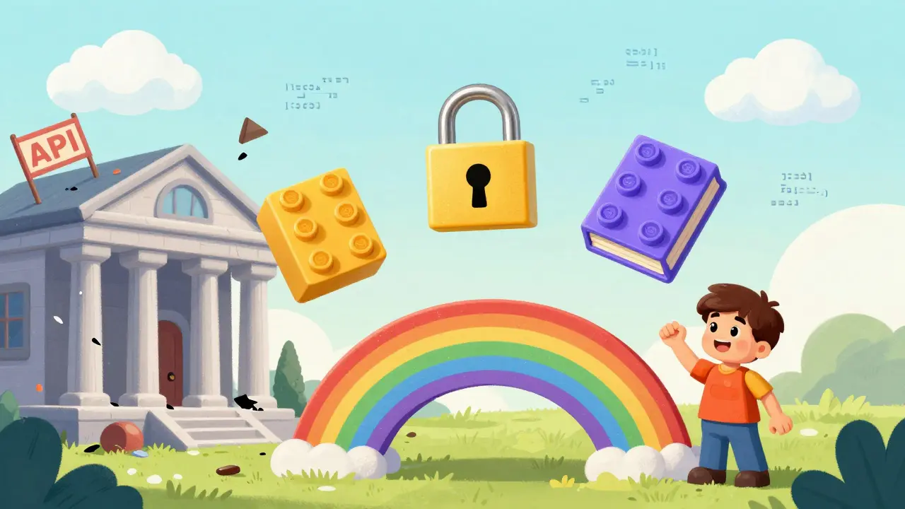 Trois blocs magiques reliés par un pont arc-en-ciel, tandis qu'une banque traditionnelle s'effondre.