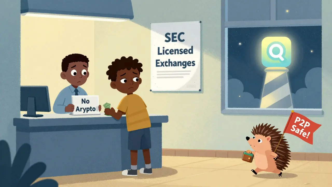 Un adolescent tente de déposer de l'argent à la banque, mais le banquier refuse, tandis qu'une appli crypto brille à l'extérieur.