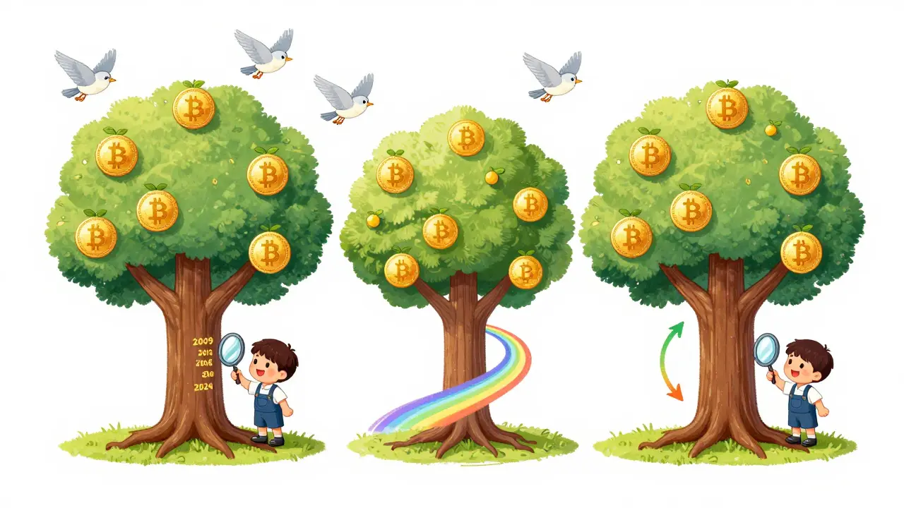 Un arbre Bitcoin dont les fruits dorés deviennent de plus en plus rares au fil des halvings, observé par un enfant avec une loupe.