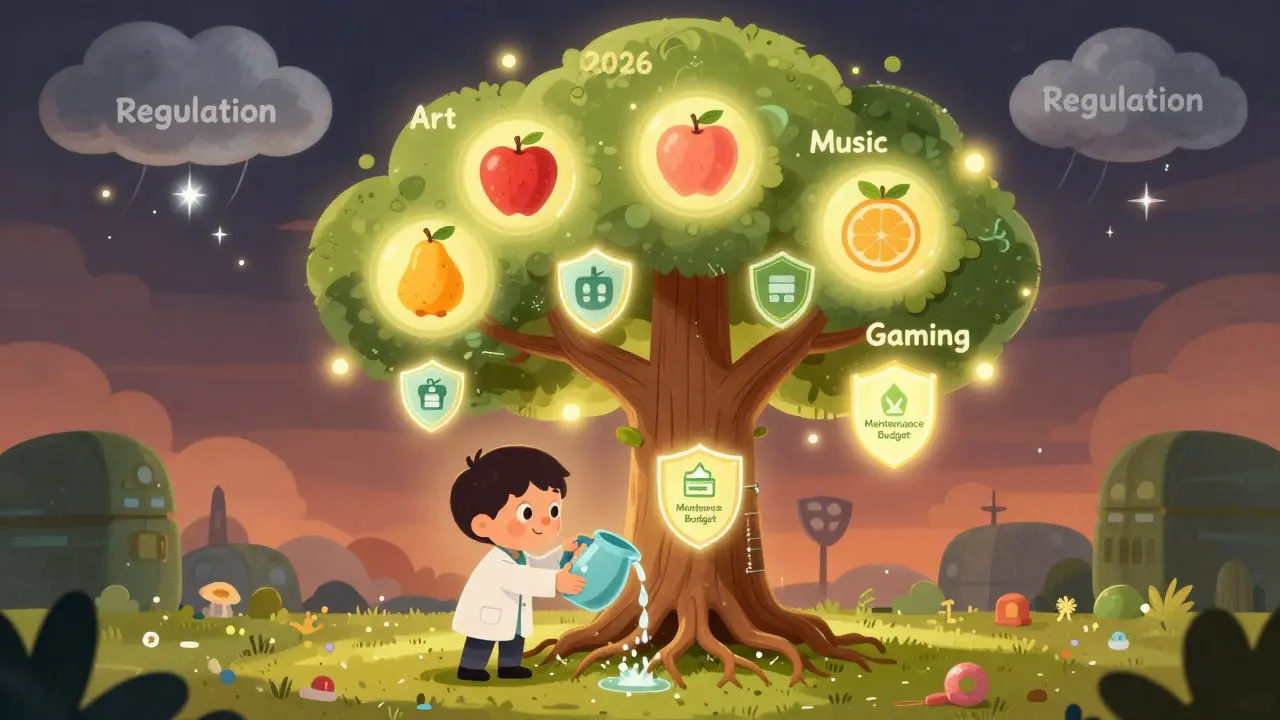 Un arbre NFT magique en 2026 avec des fruits de catégories et une racine protégée par des audits.